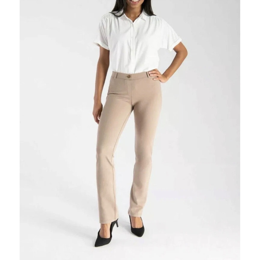 Betabrand Petite Bootcut Dress Yoga Pants Khaki Mid Rise‎ Stretch Women's Medium
